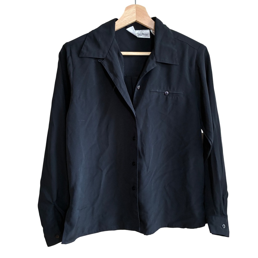 Yves St. Clair Petites Button Down Blouse 8P Black Women Long Sleeve Polyester